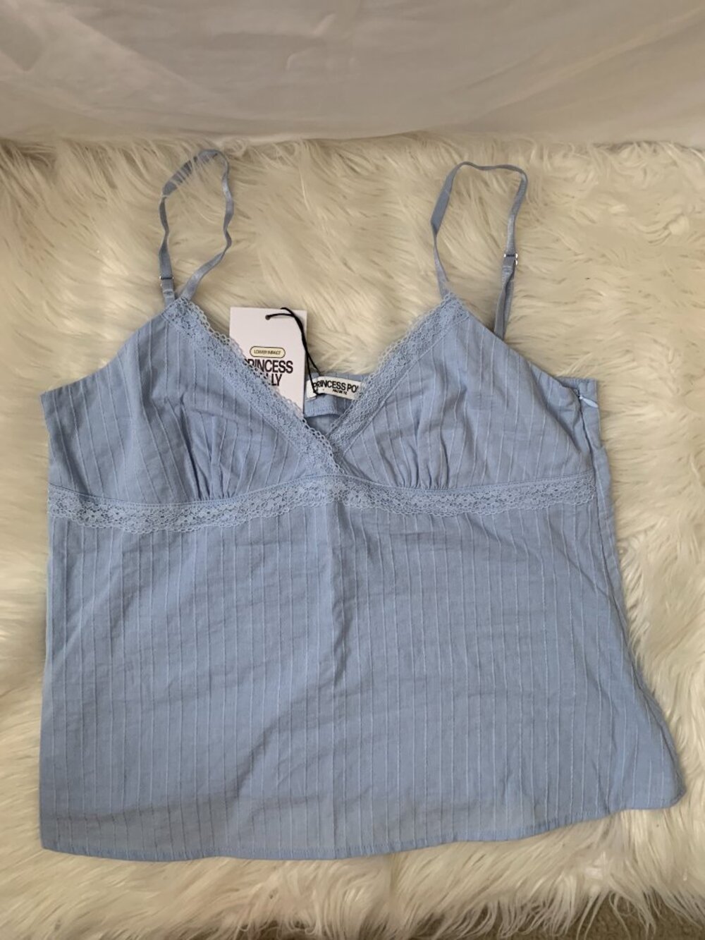 PRINCESS POLLY Lunya Lace Trim Camisole Top in Light Blue Sz 8